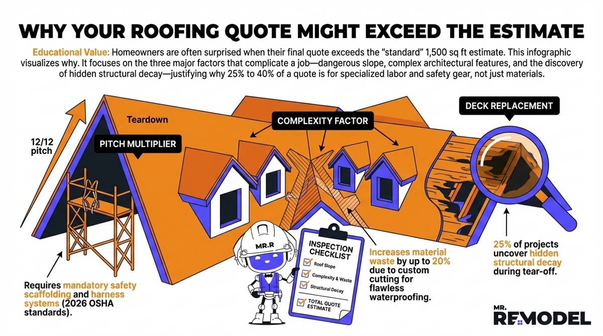 An infographic illustrating the top three hidden roofing cost factors, showing how steep pitch danger, complex roofline geometry, and the discovery of hidden wood rot can increase the final replacement estimate.